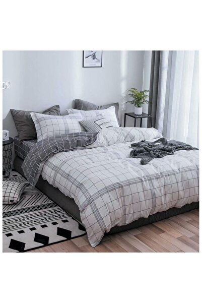 OEM Double Bed Linen, Satin Cotton, 4 Pieces, 2 Persons, 240x250cm, Striped Pattern, White-Grey