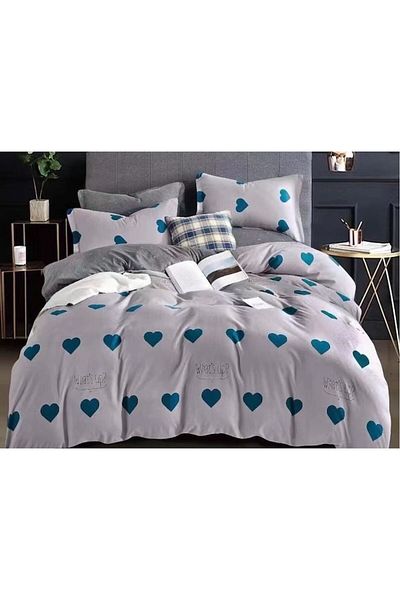 OEM Double Bed Linen, Finet, 6 Pieces, 2 Persons, Blue Heart Pattern, 250x230cm