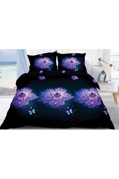 OEM Double Bed Linen, 3D Floral Print Lilac, 4 Pieces, 2 Persons, 200x210cm, Satin Cotton, Black Lilac