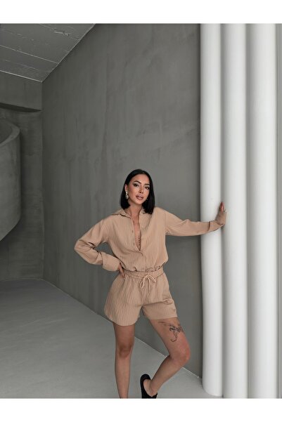 OUZ Fashion Women's Linen Shirt and Shorts Two-Piece Set