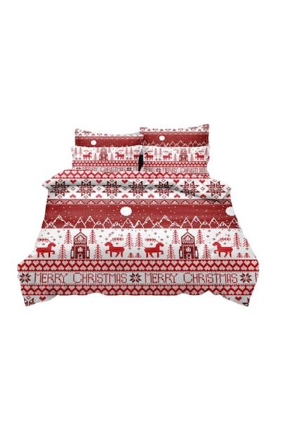 Pucioasa Set Lenjerie de Pat Dublu, Pucioasa, Finet, 6 Piese, 2 Persoane, Imprimeu Crăciun Fericit, 230x250cm, Roșu-Alb