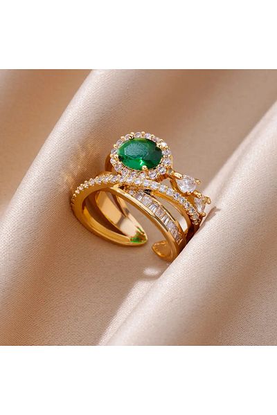 Eva Grace Jaylyn ring, gold, made of stainless steel, decorated with green zirconia stone, adjustable