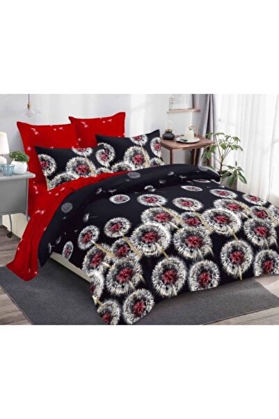 OEM Double Bed Linen, Spring, Finet, 6 pieces, 2 persons, Dandelion print, 180x200cm, Black-Red