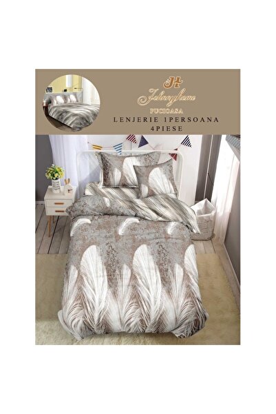 OEM Bed Linen, Fine Satin, 1 Person, 150x220 cm, 4 Pieces, Feather Print, Grey-White
