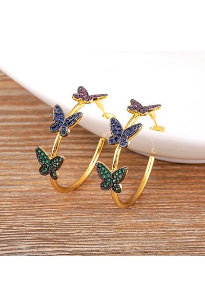 Eva Grace Marely earrings, gold, round, with multicolored butterfly pattern - Boheme Collection