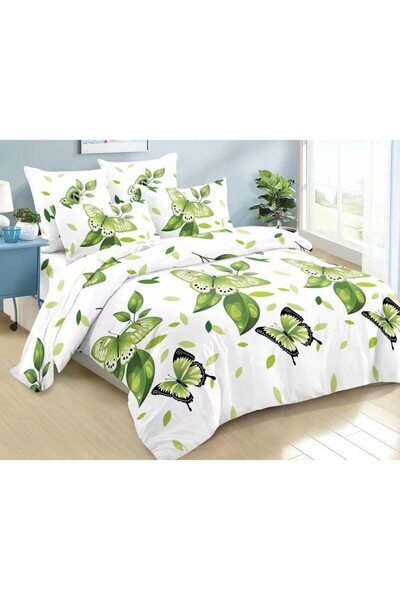 OEM Lenjerie de pat dublu, Finet, 6 piese, 2 persoane, imprimeu Fluturi, 230x250cm, Alb-Verde