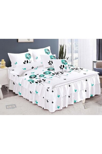 OEM Double Bed Linen Set with Frills, Spring, Pastel Green Flowers, 6 Pieces, Finet, 200x230cm