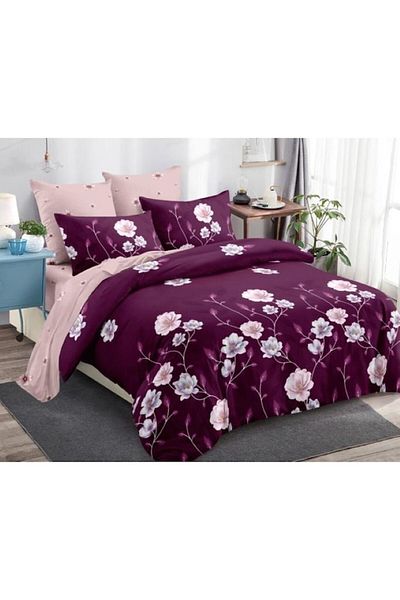 OEM Double Bed Set, Cotton, 6 Pieces, 2 Persons, White Flower Print, 230x250cm, Purple-Lilac