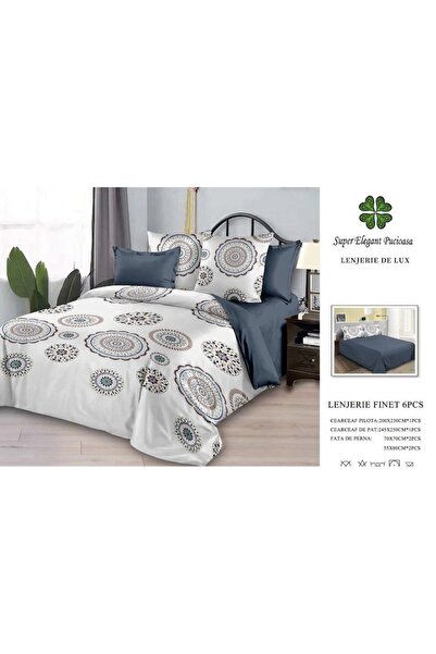 Pucioasa Double Bed Linen Set, Finet, 6 pieces, 2 Persons, Abstract, 245x250cm, Petrol Grey