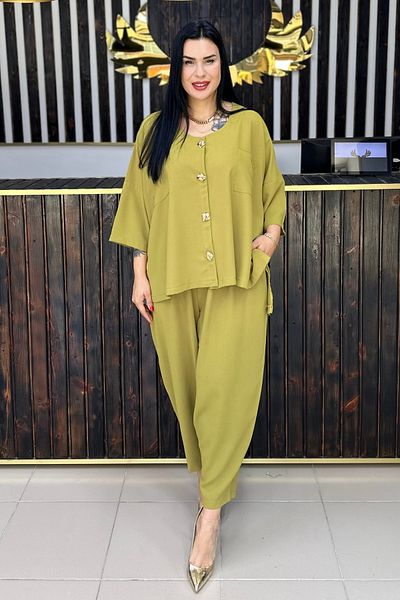GÖKSEL Gold Button Oil Green Large Size Suit