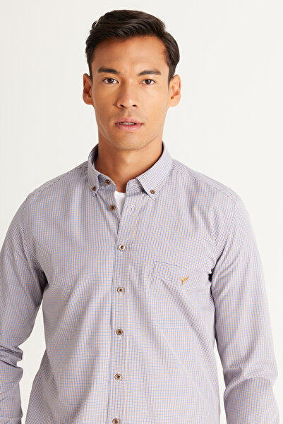 AC&Co / Altınyıldız Classics Чоловічий темно-синійHardal Slim Fit Облягаючий комір на ґудзиках з логотипом Кишеня з бавовни в смужку Сорочка