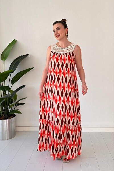 MaziButik Lace Collar Patterned Dress Orange