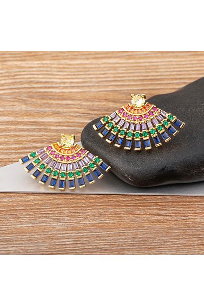 Eva Grace Anika earrings, gold, with multicolored stones, fan-shaped - Boheme Collection