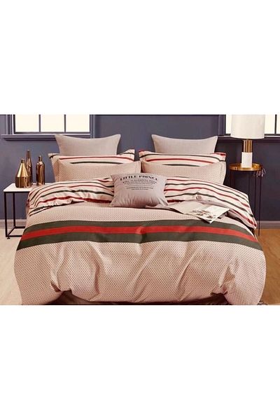 OEM Lenjerie de pat dublu, Finet, 6 piese, 2 persoane, imprimeu Dungi, 250x230cm, Bej Multicolor