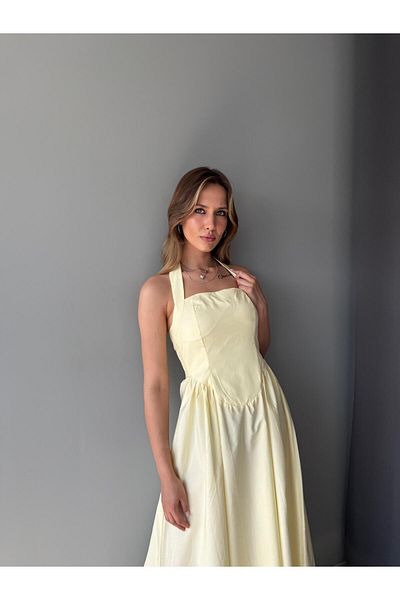 AlisaSu Women's Yellow Linen Halter Neckline Slip Dress
