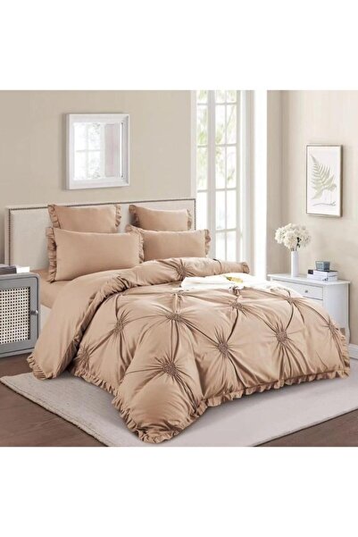 OEM Lenjerie de pat dublu, Uni, Model Inimi Brodate, 6 piese, Finet, 180x200cm, Cafea cu Lapte