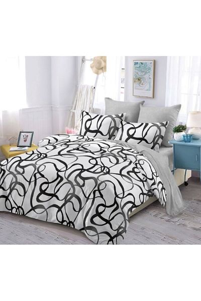 OEM Lenjerie de Pat, Finet, 4 piese, 1 persoana, 160x200cm, Imprimeu Abstract, Gri-Negru