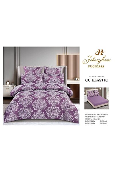 OEM Double Bed Sheet, Elegant Model, Silk Imitation, 6 Pieces, 2 Persons, 180x200cm, Purple-White