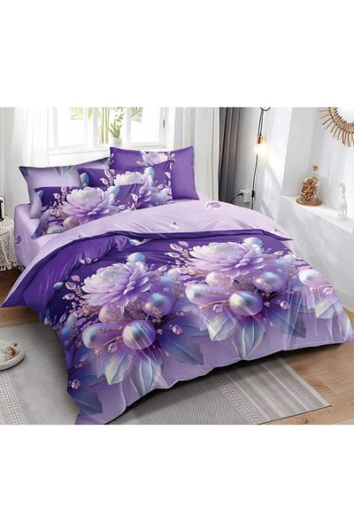 Pucioasa Lenjerie de pat dublu, Pucioasa, Finet, 6 piese, 2 persoane, imprimeu Floral 3D, 245x250cm, Mov-Lila
