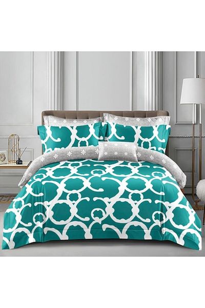 OEM Lenjerie pat dublu 2 fete, imprimeu Abstract, 4 piese, 2 persoane, 180x200cm, Bumbac Satinat, Alb Tu