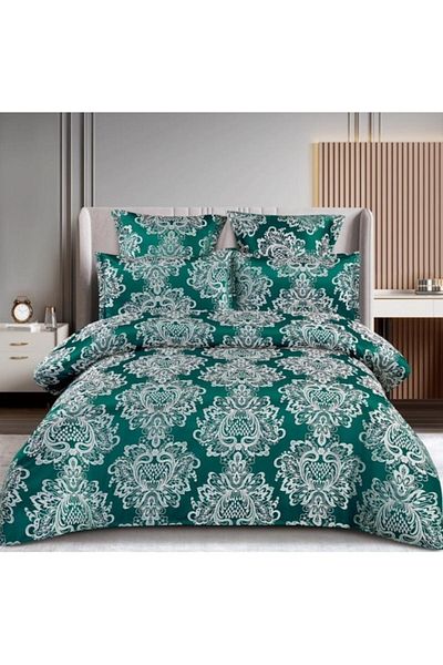 OEM Double Bed Linen, Elegant Model, Silk Imitation, 6 Pieces, 2 People, 180x200cm, Emerald Green-White