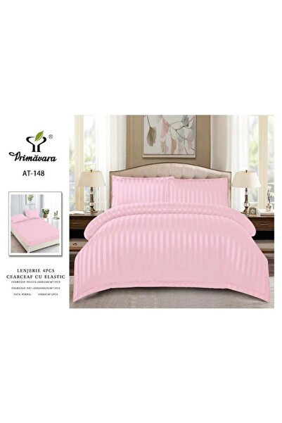 OEM Double Bedding Set - Spring, Damask, Elastic Sheet, 4 Pieces, Pink, 180x200 cm