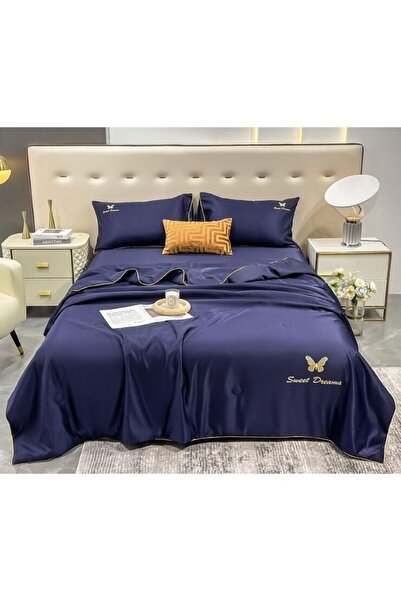 OEM Double bed linen set with summer duvet, Uni, 4 pieces, 245x250cm, silk, navy blue