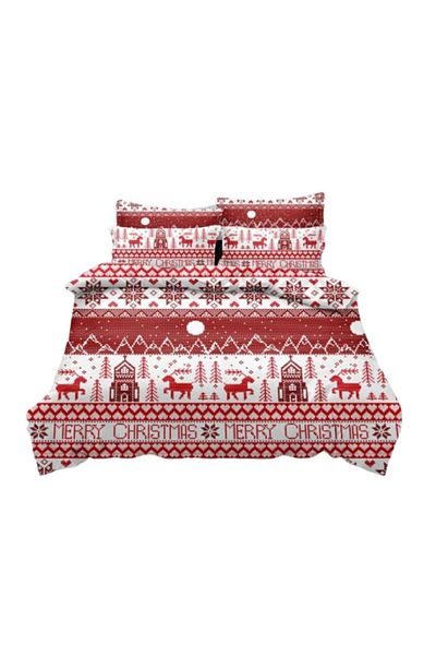Pucioasa Set Lenjerie de Pat Dublu, Pucioasa, Finet, 6 Piese, 2 Persoane, Imprimeu Crăciun Fericit, 230x250cm, Roșu-Alb