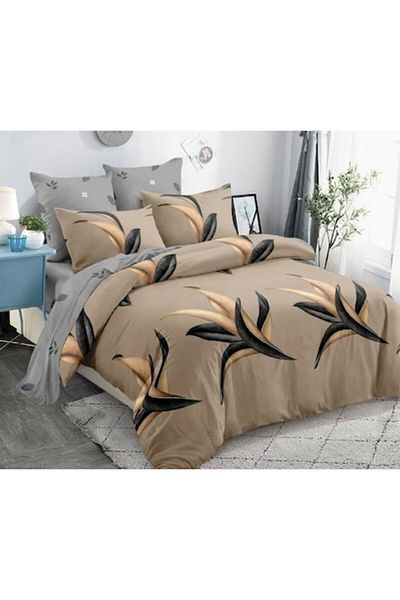 OEM Lenjerie de pat dublu, Bumbac, 6 piese, 2 persoane, 230x250cm, Maro-Gri
