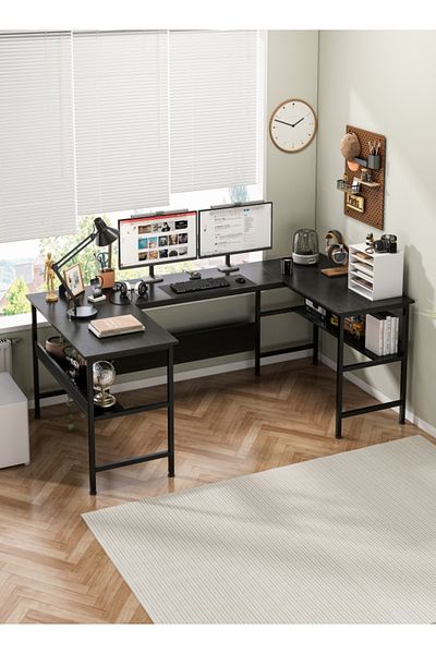 Sheinhome Gaming Table with Bookshelf Layer,U Shaped Computer Desk ,Large Desktop Office Desk