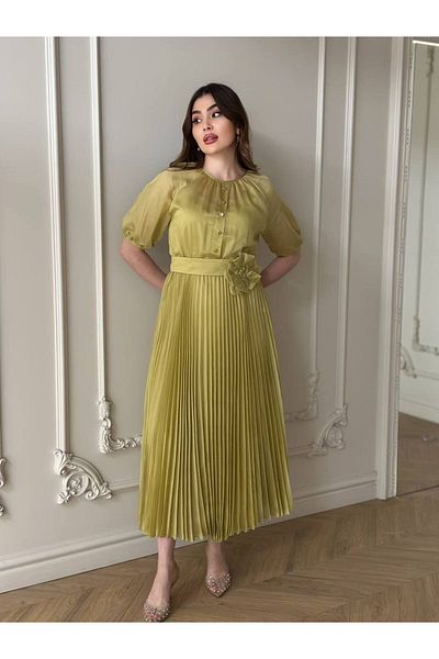 My twins Ewas Design Midi Length Belted Skirt Pleated Women's Tulle Dress