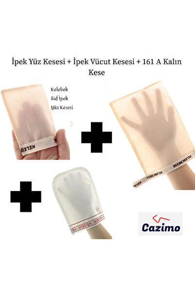 CAZIMO 3'lü Doğal İpek Kese Seti – Yüz Kesesi + Vücut Kesesi + Kalın Kese Cil...