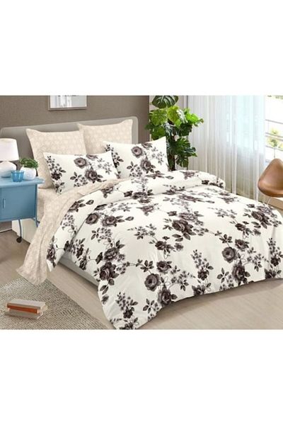OEM Double Bed Linen Set, Elastic Sheet, Cotton, 6 Pieces, For 2 Persons, Rose Print, 180x200cm, White-G