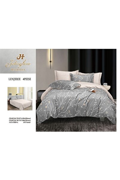 OEM Double bed linen set, 4 pieces, printed branches, 2 persons, 240x250cm, Satin Cotton, Grey