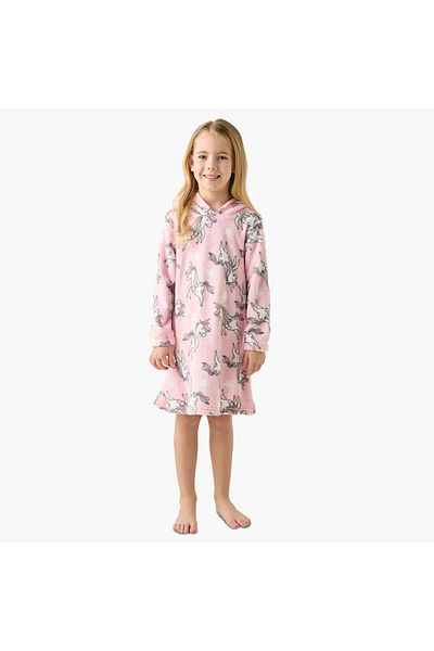 Juniors All-Over Unicorn Print Hooded Night Dress with Long Sleeves