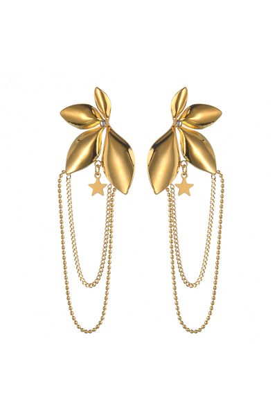 Eva Grace Areesha gold long earrings made of stainless steel and zirconia with floral pattern