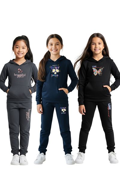 FYK KİDS 3-Piece Hooded Kangaroo Pocket Printed Girl's Tracksuit Set