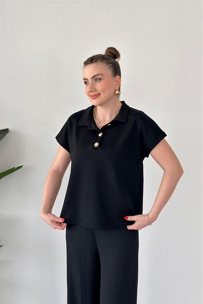MaziButik Modal Polo Blouse Black