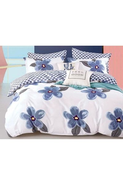 OEM Double bed linen, Finet, 6 pieces, 2 persons, Blue Flowers print, 250x230cm
