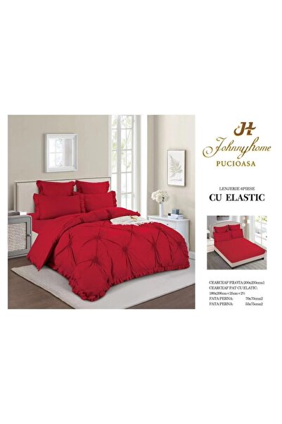 OEM Lenjerie de pat dublu, Uni, Model Inimi Brodate, 6 piese, Finet, 180X200cm, Rosu