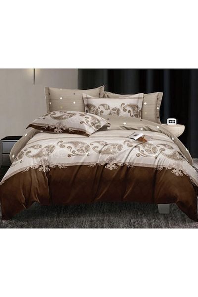 OEM Lenjerie pat dublu 2 fete, imprimeu Abstract, 4 piese, 2 persoane, 180x200cm, Bumbac Satinat, Maro-B