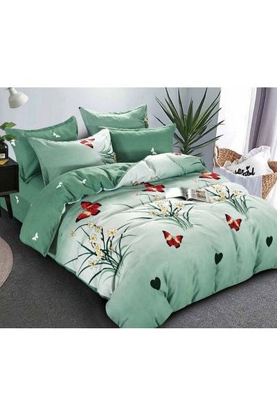 OEM Double Bed Sheets Set, Butterfly Print, 4 Pieces, Single Person, 160x210cm, Finet Satin, Green Multi
