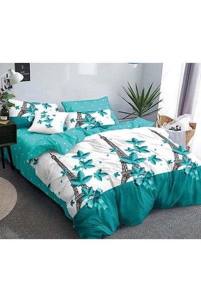 Pucioasa Double Bed Linen, Pucioasa, Finet, 6 Pieces, Eiffel Tower Print, 245x250cm, Turquoise-White