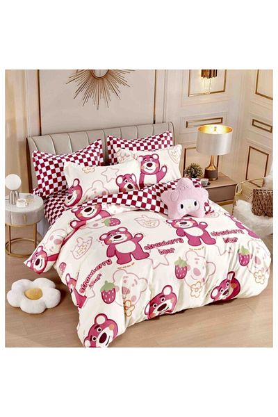 JOJO HOME Lenjerie de pat, Jojo Home, 6 piese, 2 persoane, 245x250cm, Strawberry Bear, Finet Superior, Multico