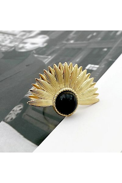 Eva Grace Delia ring, gold with black, stainless steel, fan-shaped, adjustable - Glamour Collection