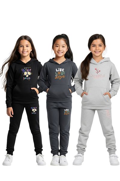 FYK KİDS 3-Piece Hooded Kangaroo Pocket Printed Girl's Tracksuit Set