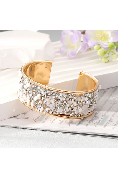 Eva Grace Amarilla bracelet, gold, cuff type, with white crystals and silver stones, adjustable