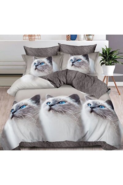 OEM Double Bed Linen, 6 pieces, Cats Print, 2 Persons, 200x230cm, Satin Cotton, Gray
