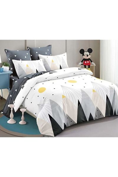 OEM Double Bedding Set, Spring, Finet, 6 Pieces, 2 Persons, Mountain Print, 180x200cm, White-Grey