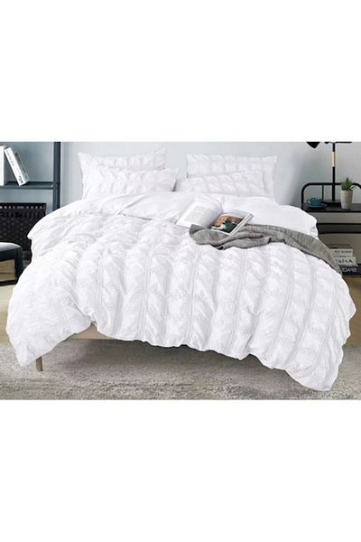OEM Set de lenjerie de pat dublă, Sonia-Home, Finet, model creponat, 6 piese, 2 persoane, 220x240cm, alb
